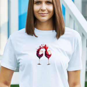 Kozarca rdečega vina, ženska bela majica