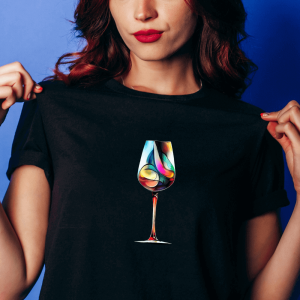 Barvni kozarec za vino, ženska črna majica