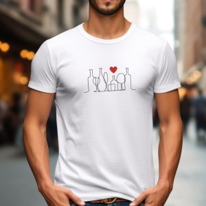 Vinski kozarci in steklenice ter srce, moška bela majica